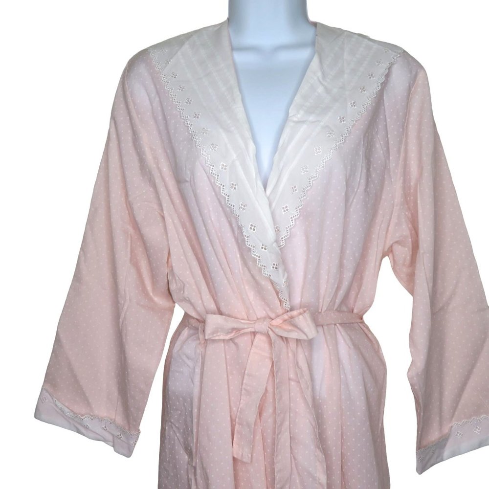Vintage Full Length Dressing Gown Robe L Pink Swiss Polka Dot Lace Collar Belted